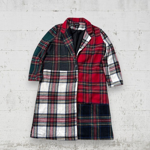 Current Mood Jackets & Blazers - Current Mood My Own Beat Patchwork Tartan Plaid Button Up Long Sleeve Coat XL